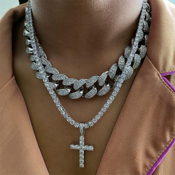 Big Cross Necklace Tennis Chain Crystal Rhinestone Choker Necklace Women Collar - Picture 2 of 8